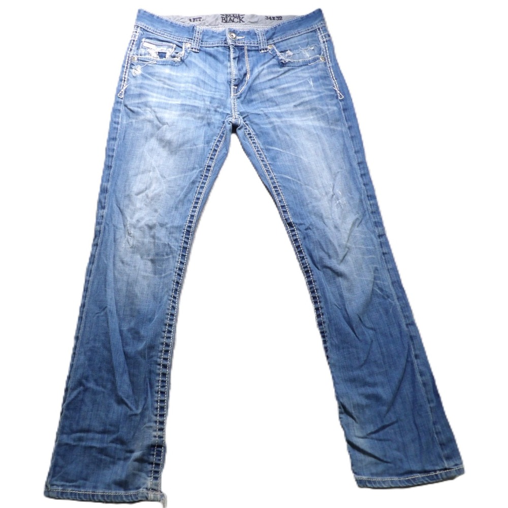 Buckle Black Men Jeans 34x32 Blue 3 Fit Distressed Denim Straight Leg Pants Work
